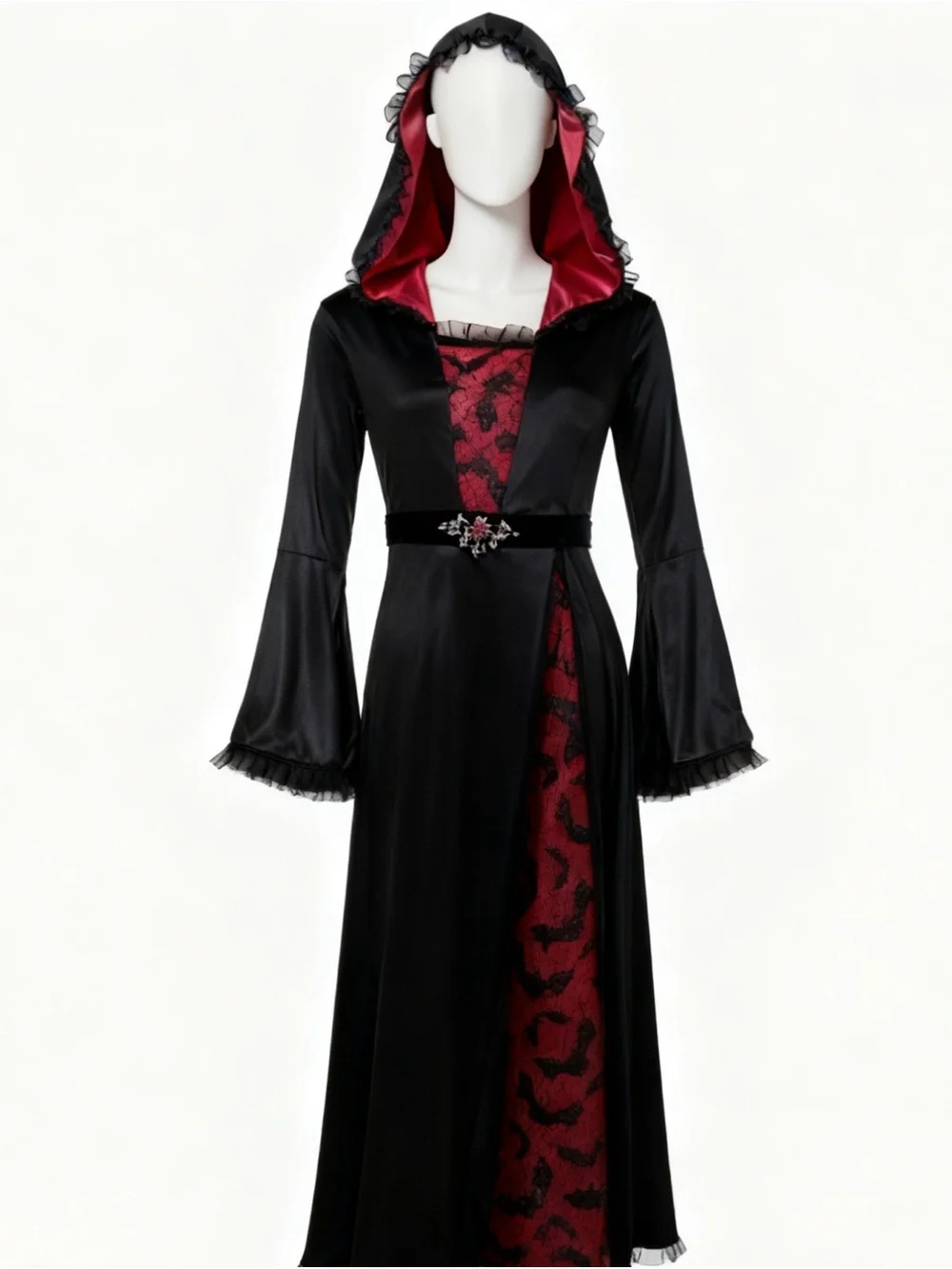 Spirit Halloween Black Dress with Red Lining and Brocade Front - Picture 1 of 6